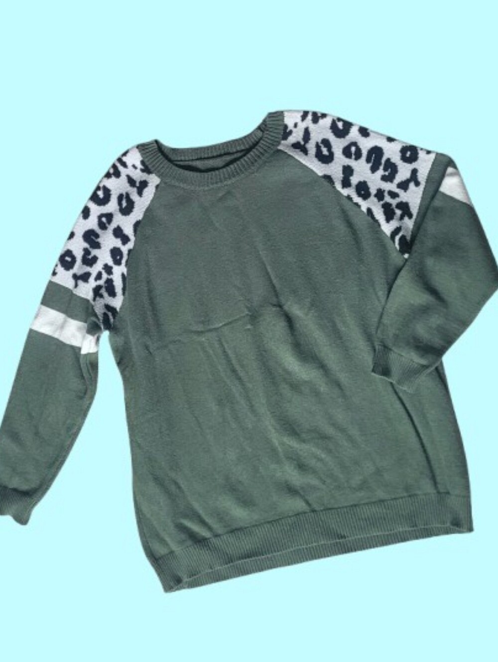 Bloomchic Army Green Raglan Sleeve Sweater, Leopard Animal Print, Sz 14-16